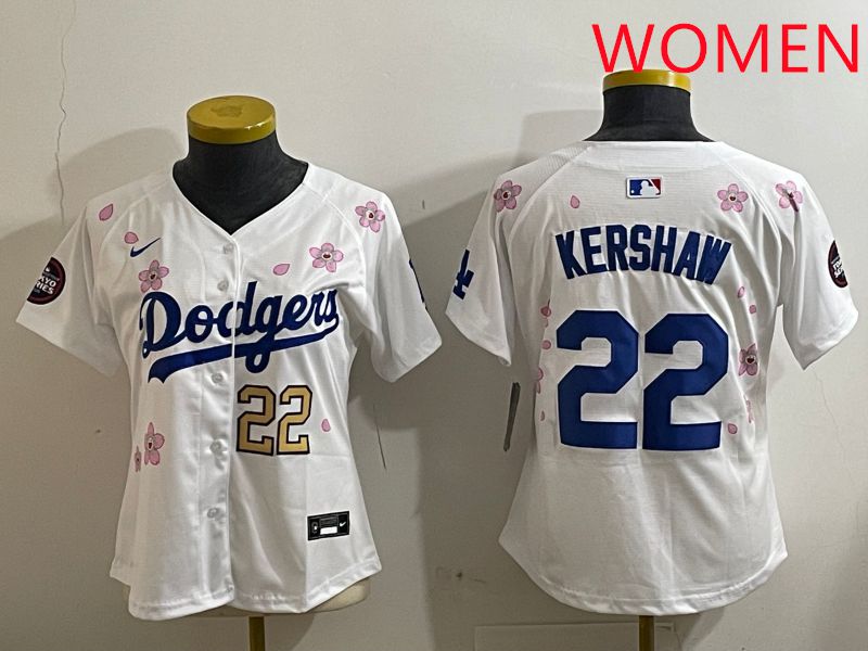 Women Los Angeles Dodgers #22 Kershaw White Sakura Edition 2025 Nike MLB Jersey style 4->women mlb jersey->Women Jersey